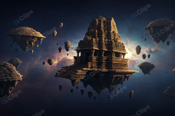 Ancient Indian Temple Floating in Outer Space with Rock Islands