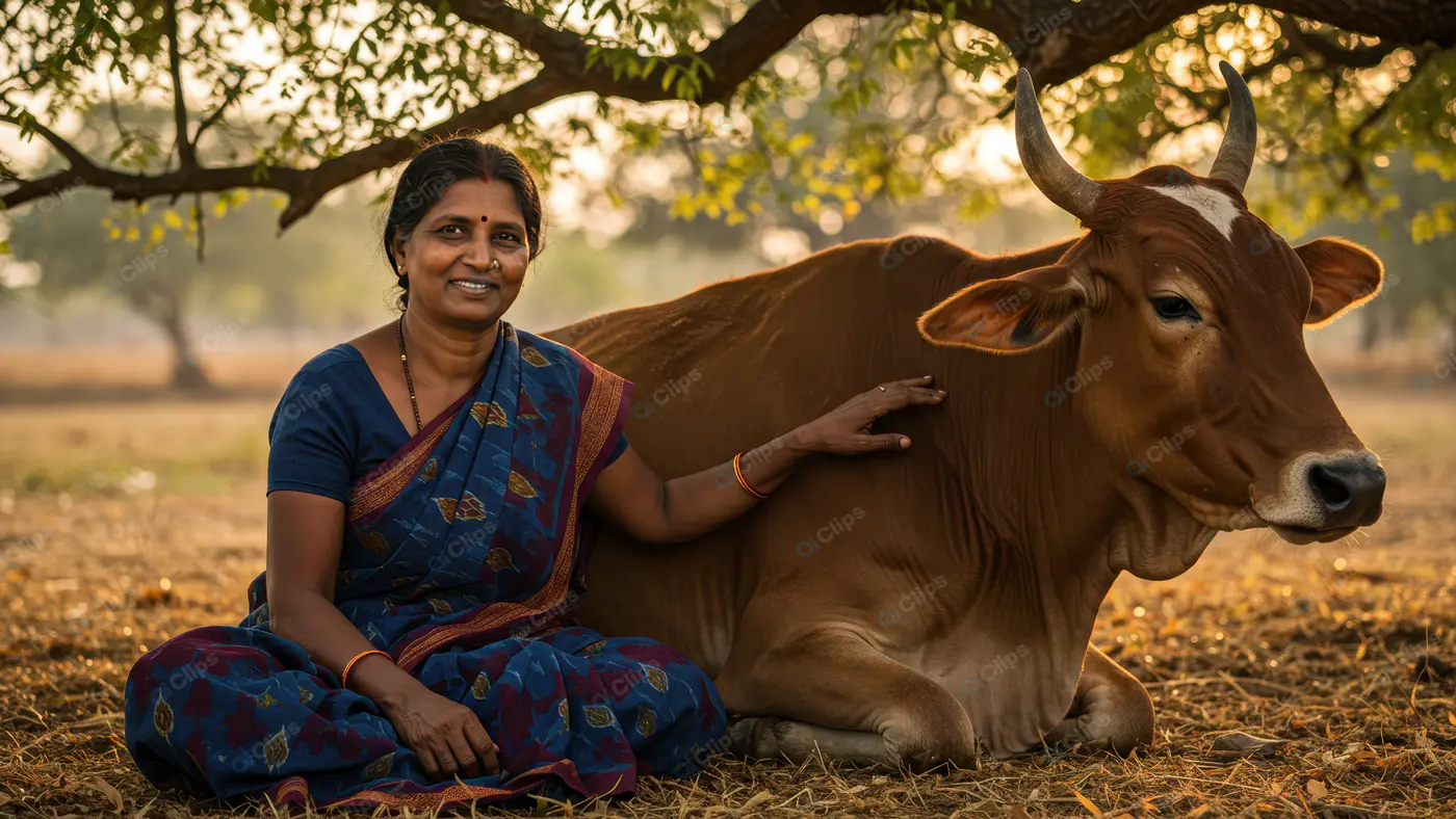 Smiling Indian Woman Sitting Beside Cow Under Tree in Rural Village Setting
