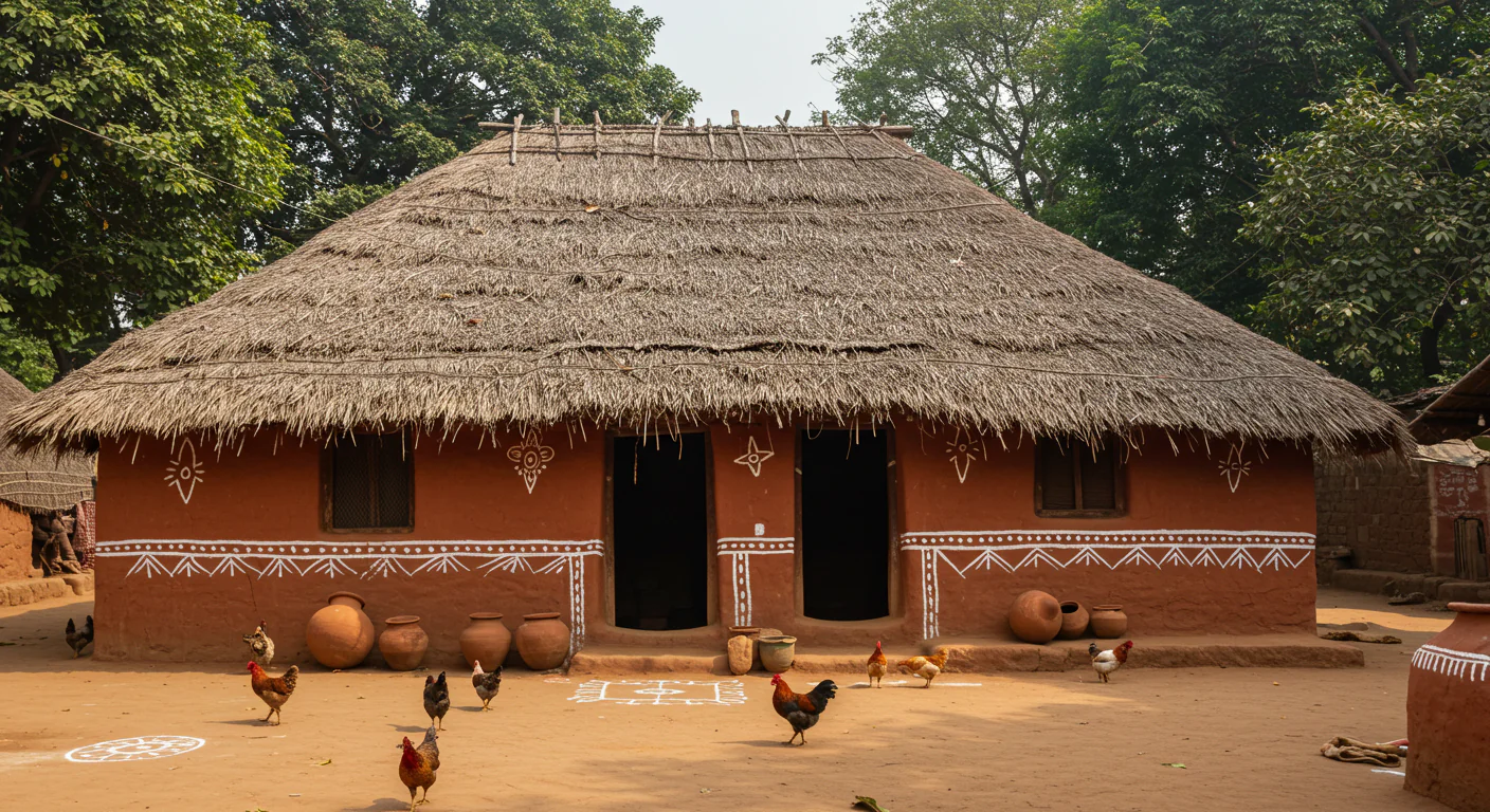 Traditional Indian Village Mud House with Tribal Wall Art and Clay Pots