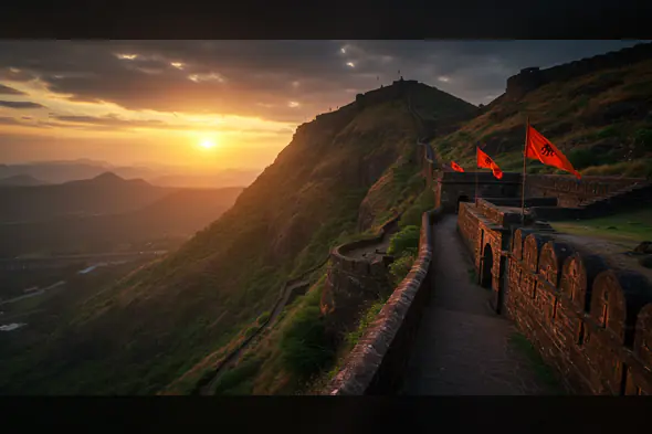 Historic Indian Fort Walkway with Saffron Flags During Sunset