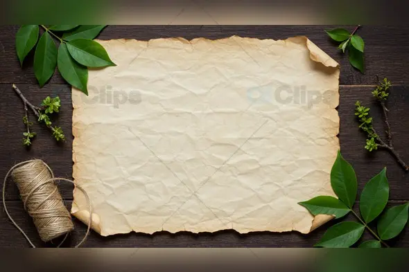 Vintage Paper with Green Leaves and Twine on Dark Wood Background