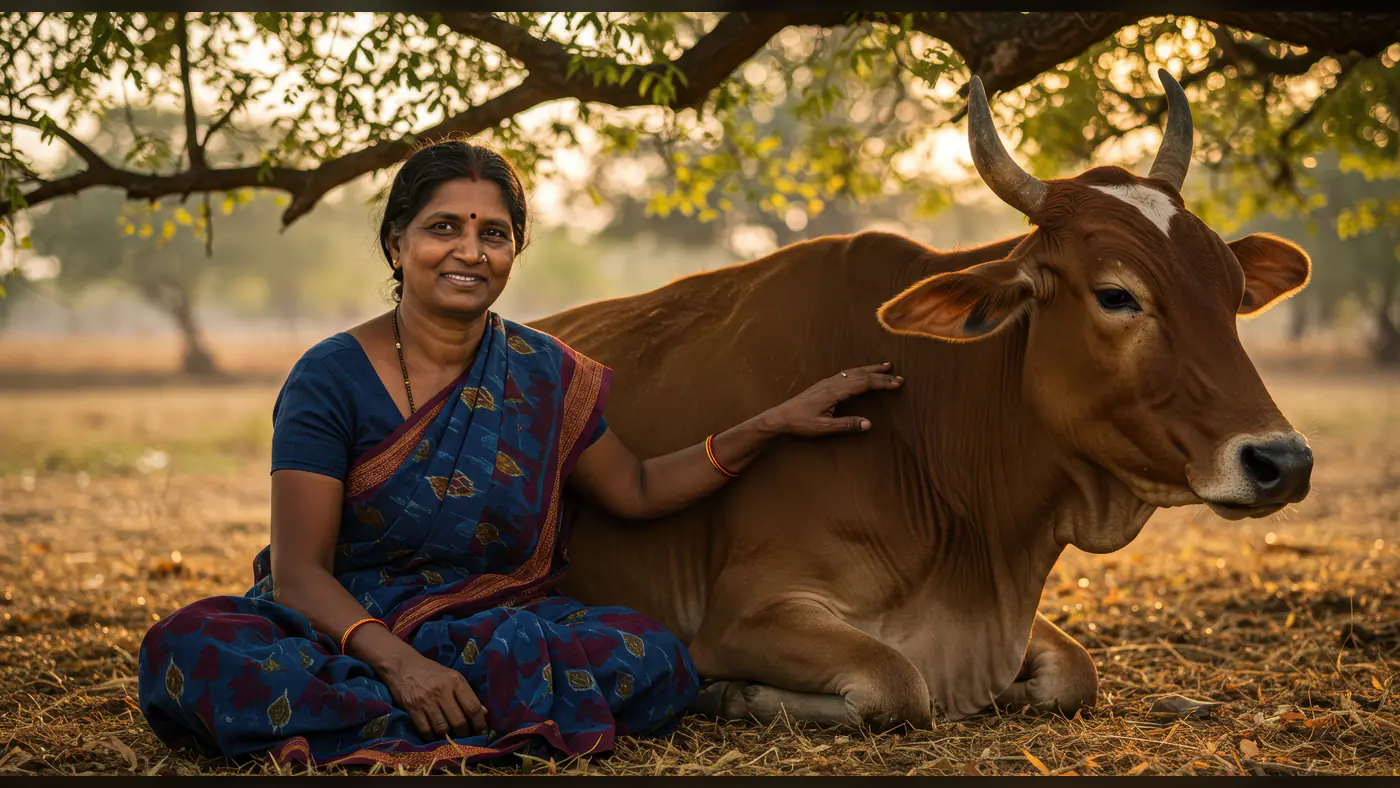 Smiling Indian Woman Sitting Beside Cow Under Tree in Rural Village Setting