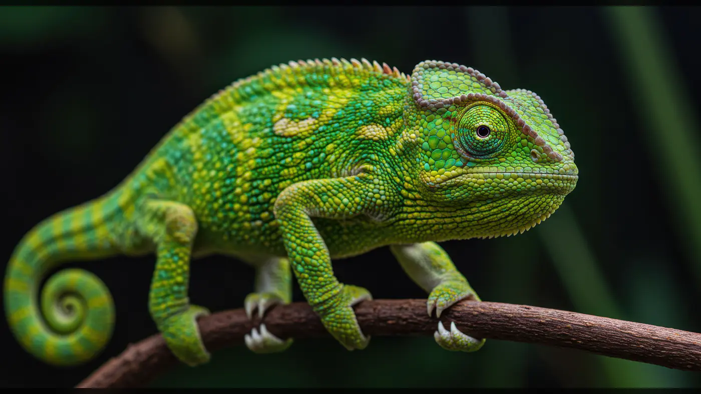Vibrant Green Chameleon Clinging to Branch in Indian Jungle