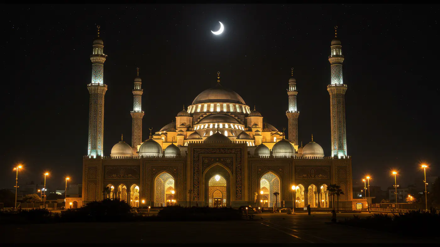 Illuminated Grand Mosque at Night with Crescent Moon in Starry Sky