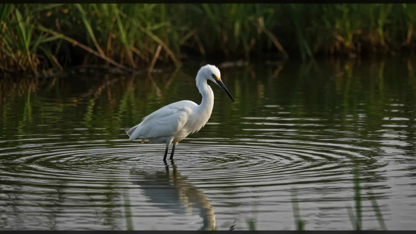 Graceful White Egret Standing in Marsh Water with Reflections