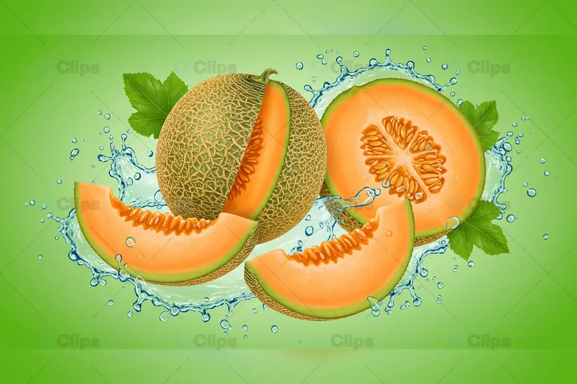 Fresh Cantaloupe Melon Splash with Green Leaves