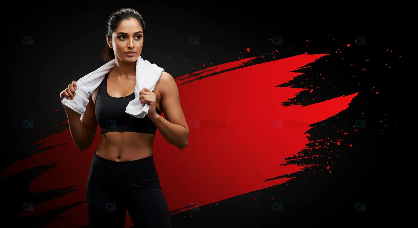 Fit Indian Woman with Towel in Black and Red Fitness Theme