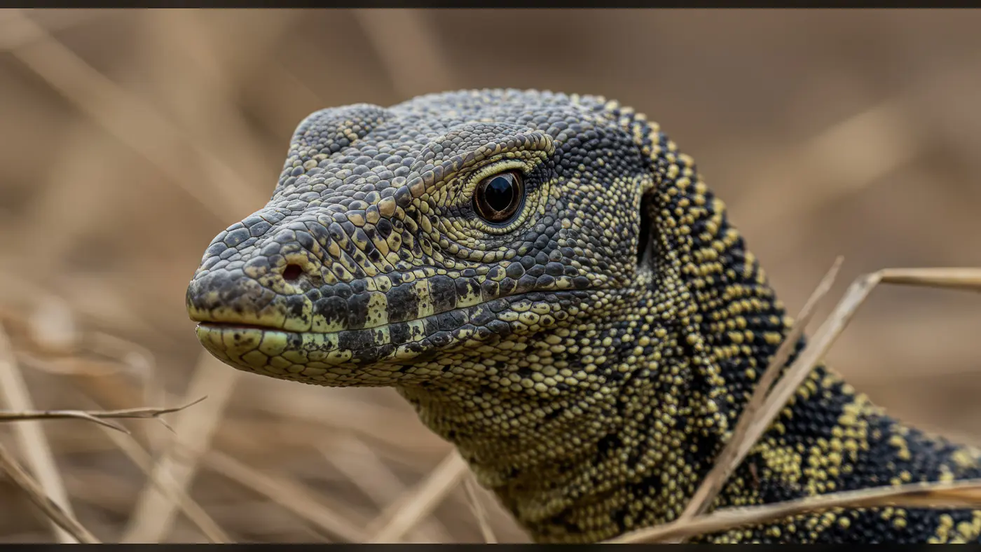Close-Up of Indian Monitor Lizard in Dry Grassland Habitat