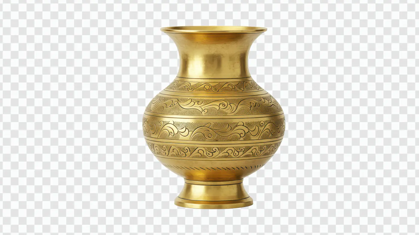Golden Brass Kalash PNG – Traditional Indian Pot with Etched Floral Design