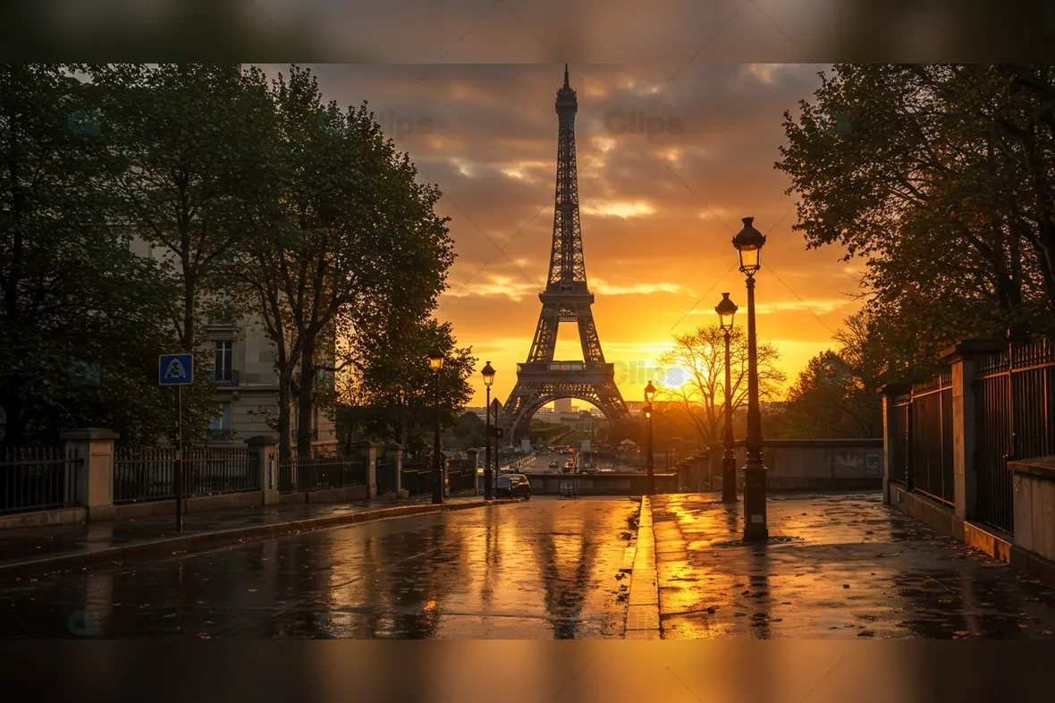 Stunning Sunset Over Eiffel Tower Stock Image