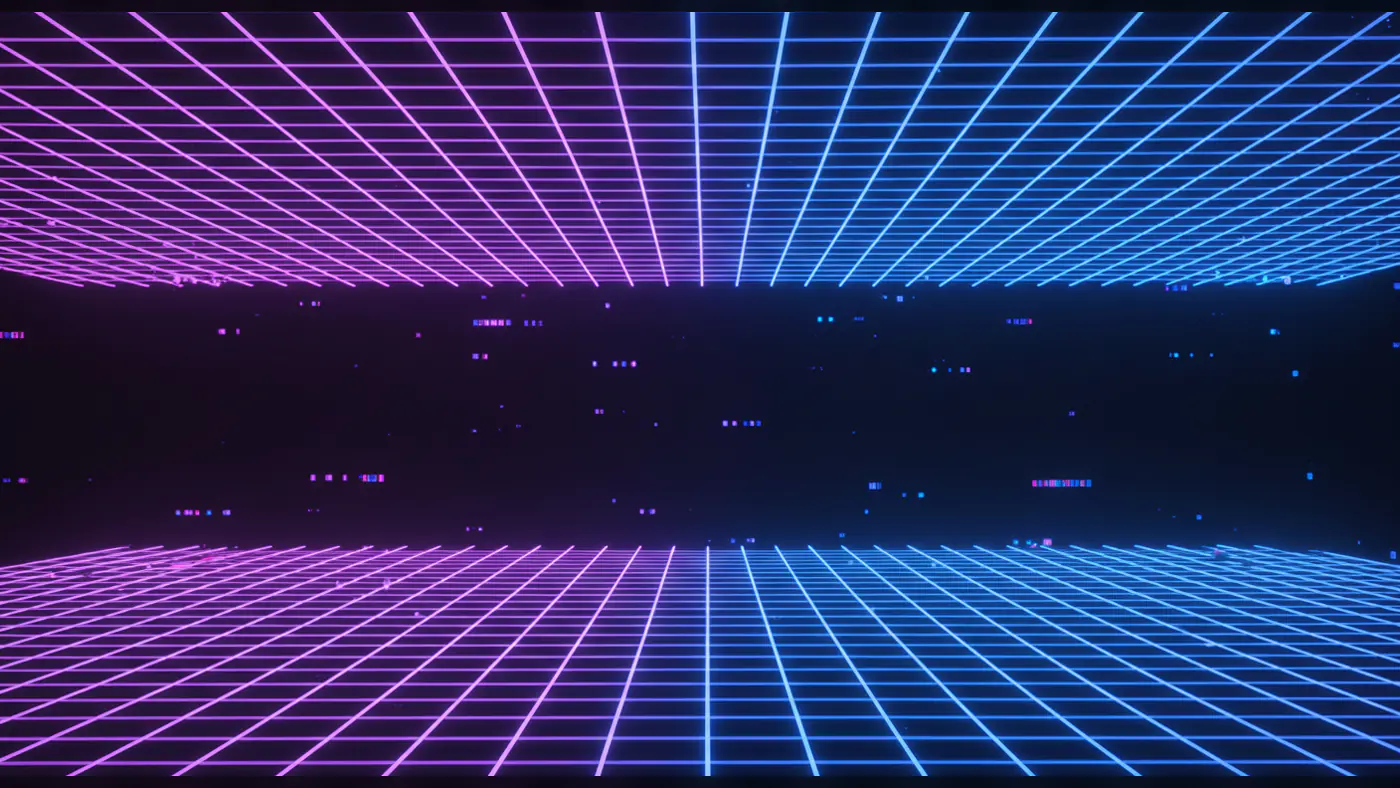 Futuristic Neon Grid Horizon with Pink and Blue Glow background