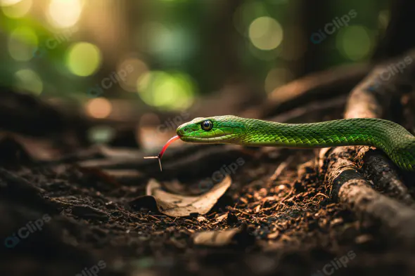 Green Snake with Forked Tongue in Sunlit Forest