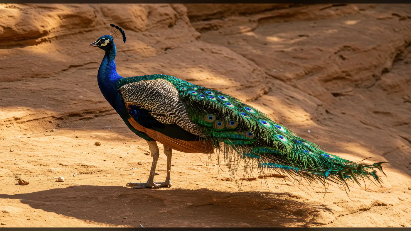 Full-Body Indian Peacock Walking on Sunlit Rocky Terrain in Natural Habitat