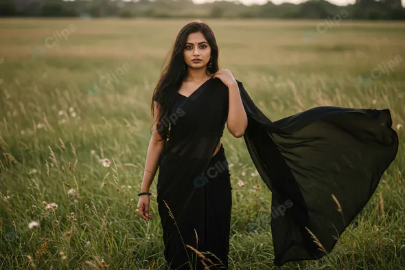 Elegant Indian Woman in Black Saree Walking Gracefully