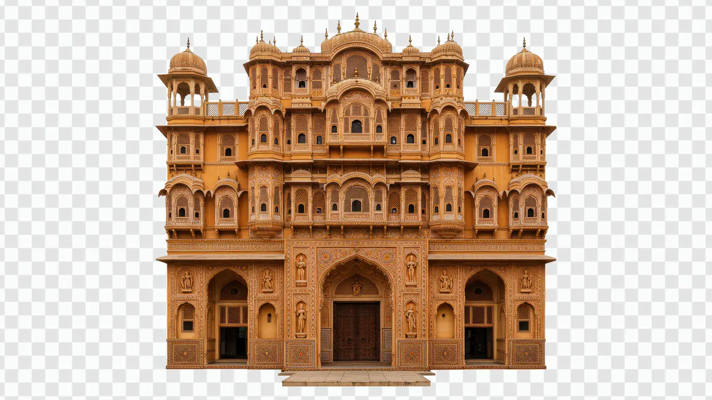 Majestic Rajasthani Palace Facade with Jharokha Architecture and Intricate Carvings