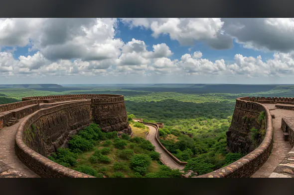 Ancient Indian Fort View with Expansive Green Valley Under Blue Sky