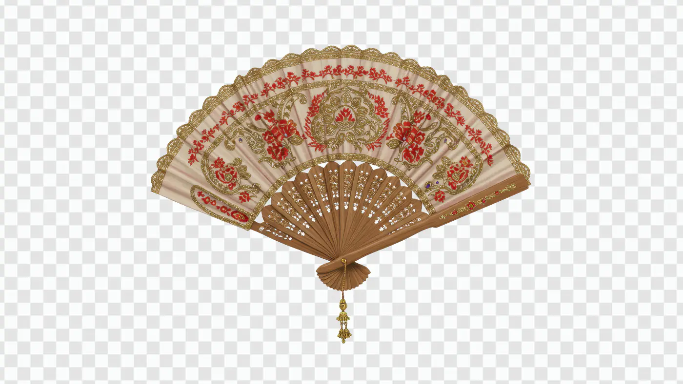 Ornate Indian Hand Fan PNG – Red and Gold Embroidery with Transparent Background