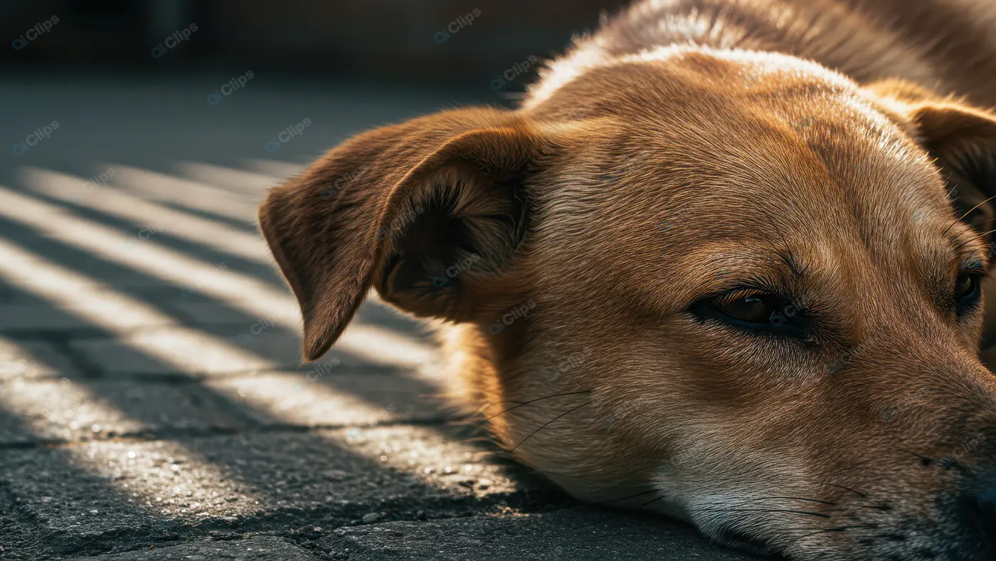 Close-Up of a Sad Brown Dog Resting in Dramatic Shadow Light