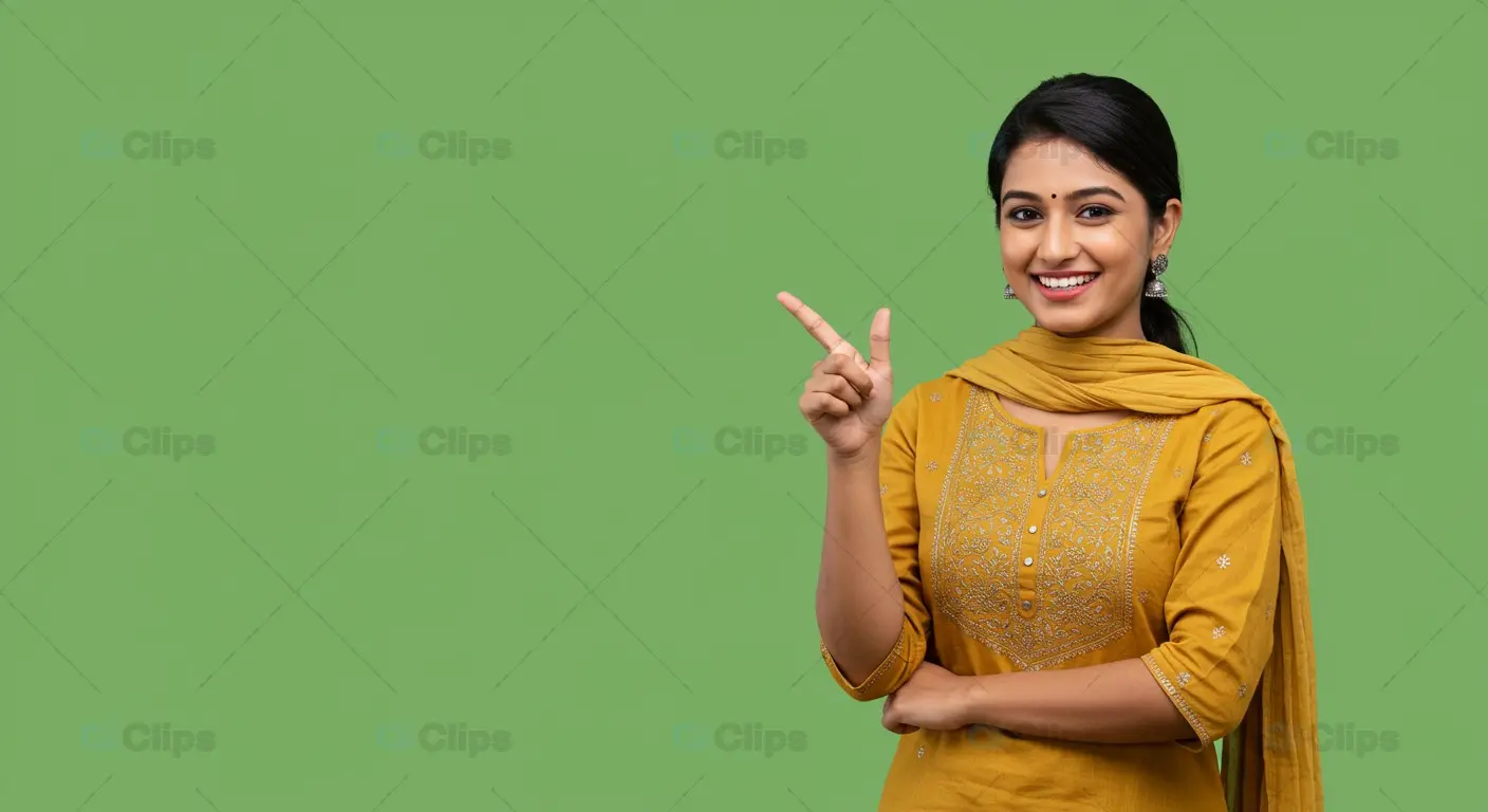Cheerful Woman in Vibrant Attire, Green Background