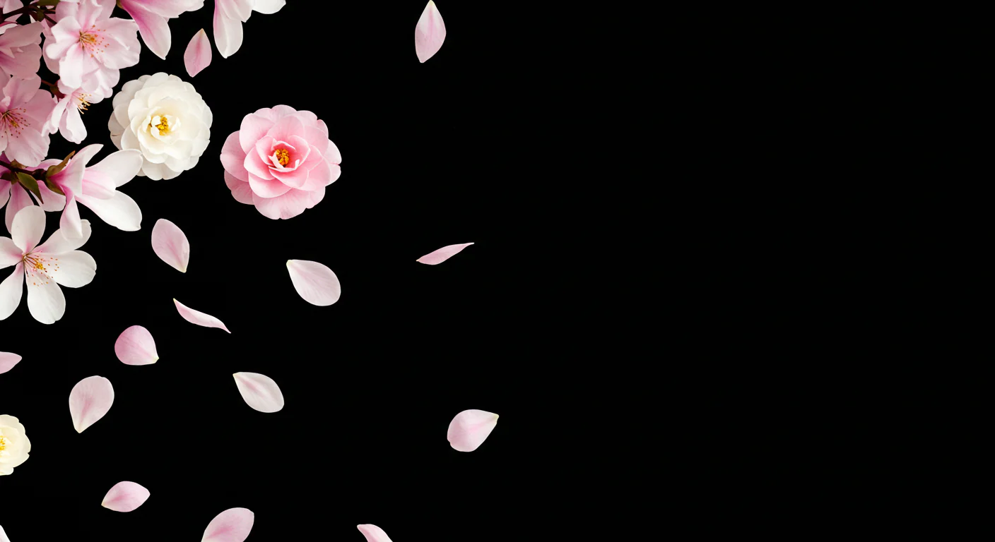 Romantic Pink and White Flowers with Floating Petals on Black Background