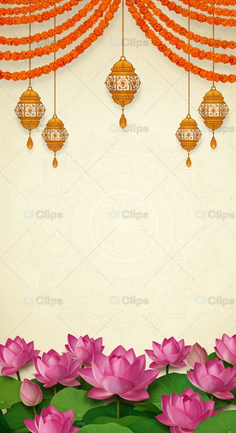 Indian Festive Frame with Lanterns, Marigold Garlands, and Lotus