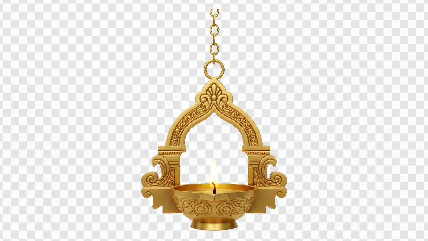 Traditional Brass Hanging Diya with Temple Arch Frame – Indian Festival PNG