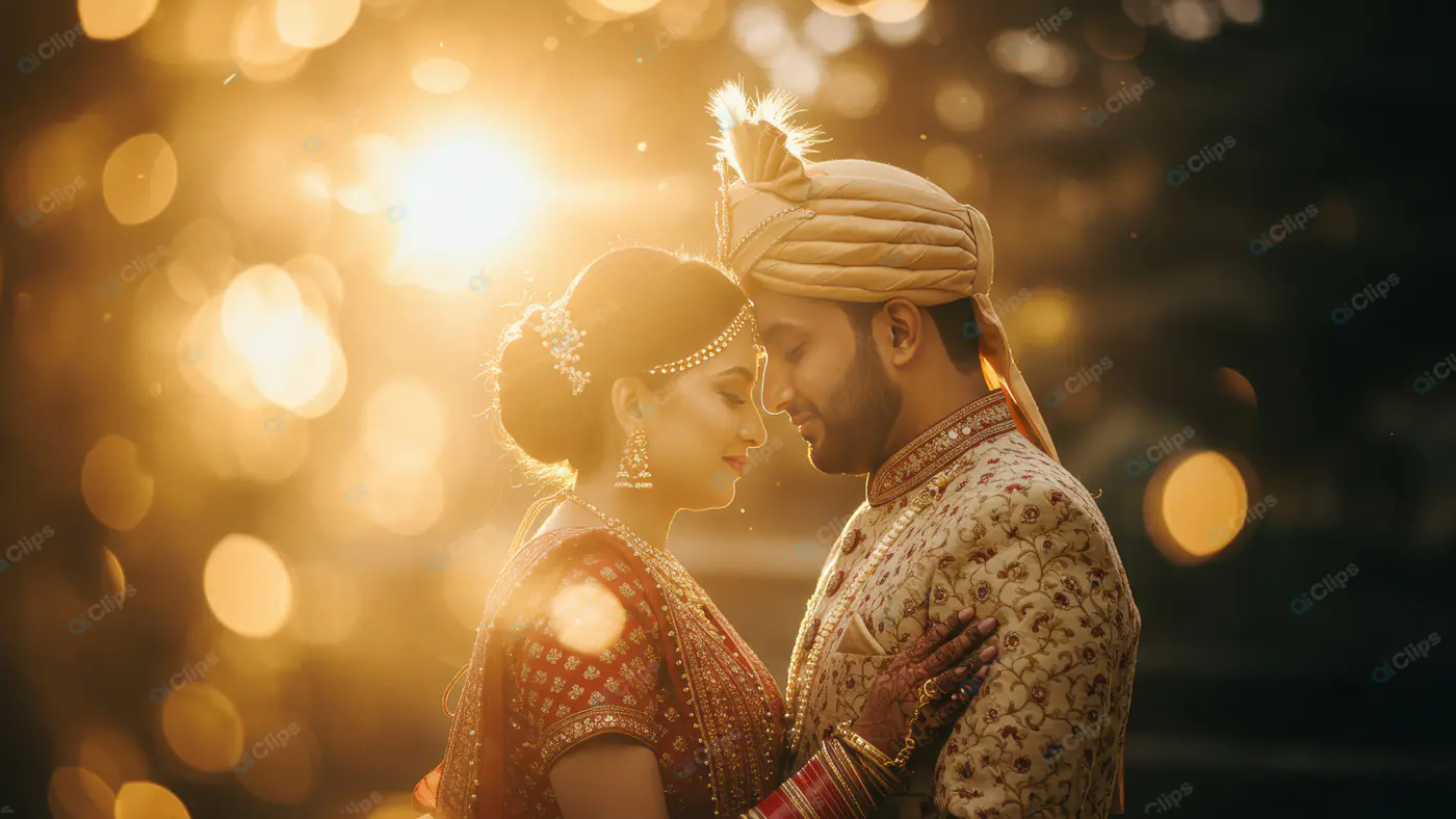 Romantic Indian Wedding Couple Embracing at Sunset with Golden Bokeh