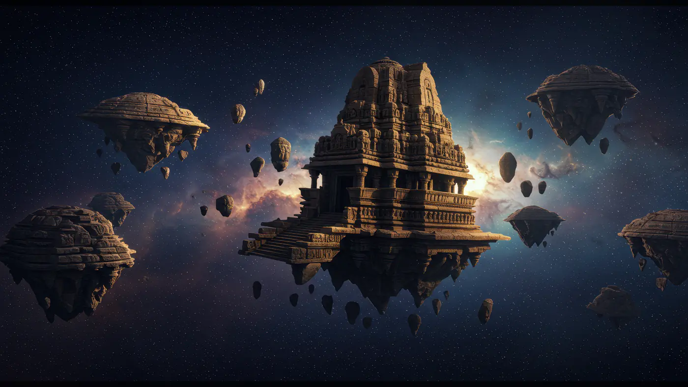Ancient Indian Temple Floating in Outer Space with Rock Islands