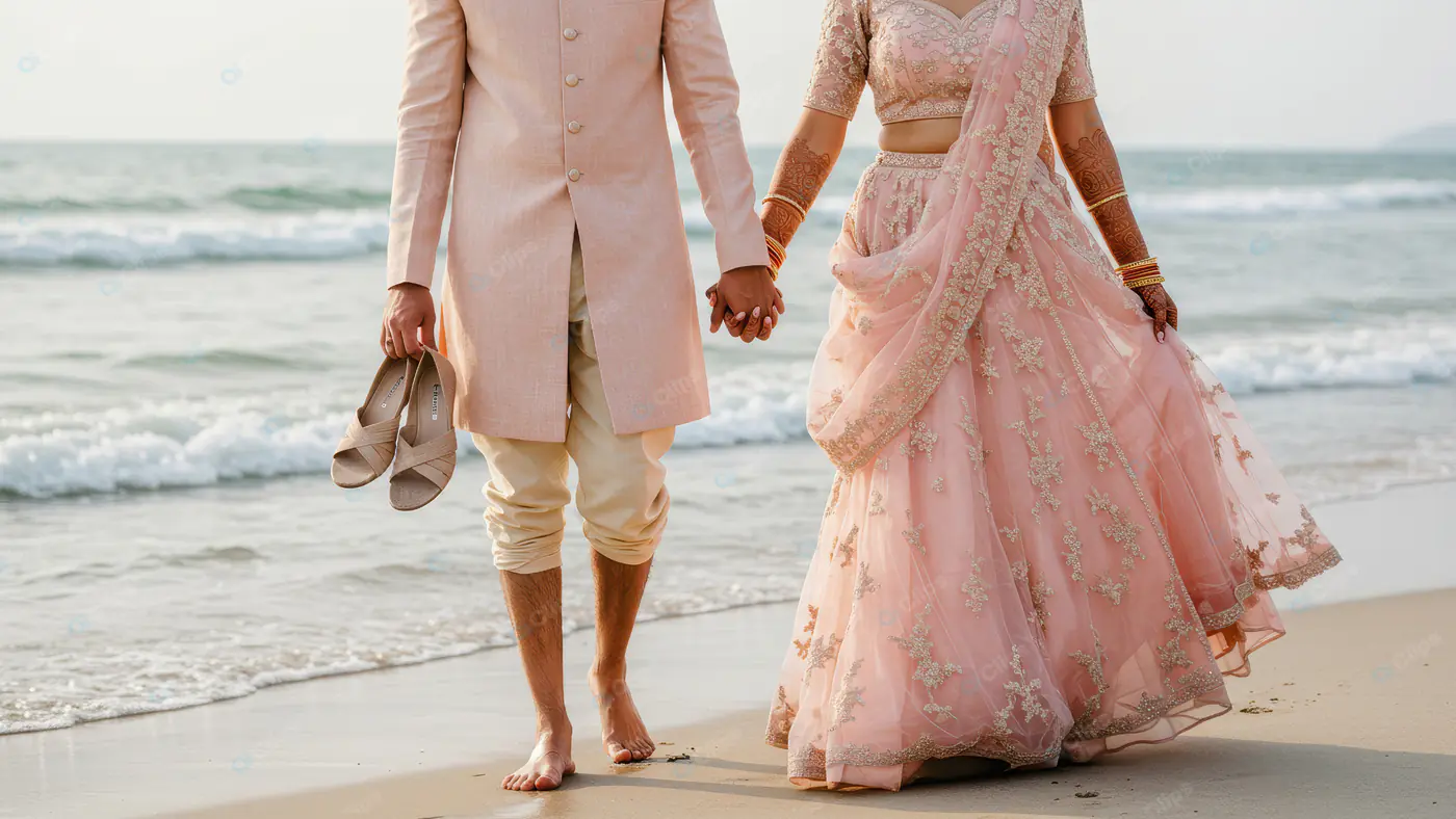 Romantic Indian Couple Walking Barefoot on Beach After Wedding Ceremony