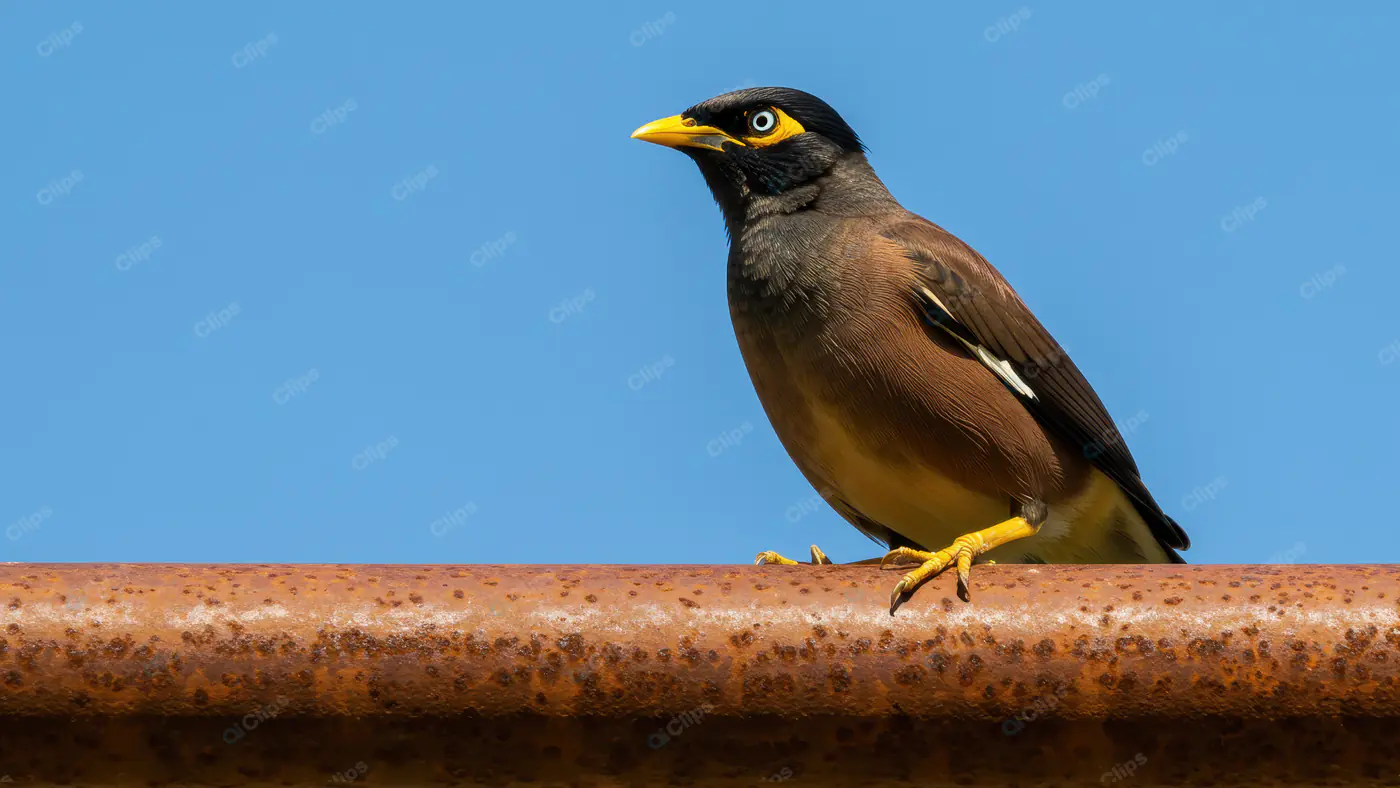 Indian Myna Bird Perched on Rusted Iron Pipe with Clear Blue Sky
