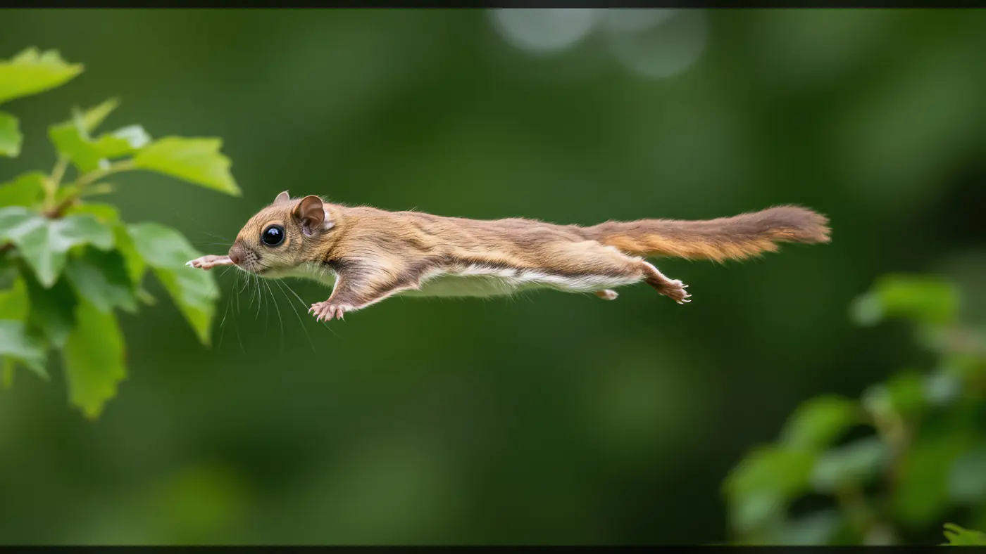Flying Squirrel in Mid-Air Leap Towards Tree Branch