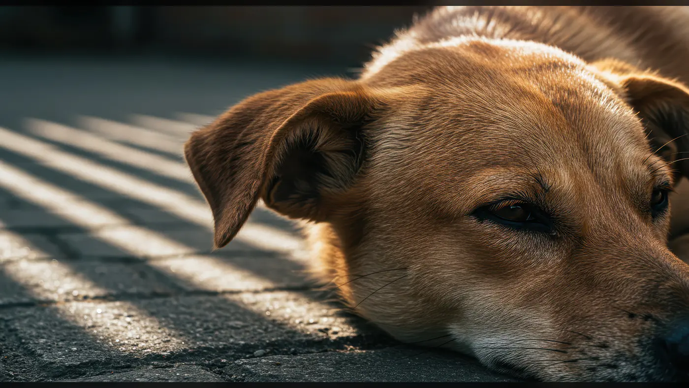 Close-Up of a Sad Brown Dog Resting in Dramatic Shadow Light