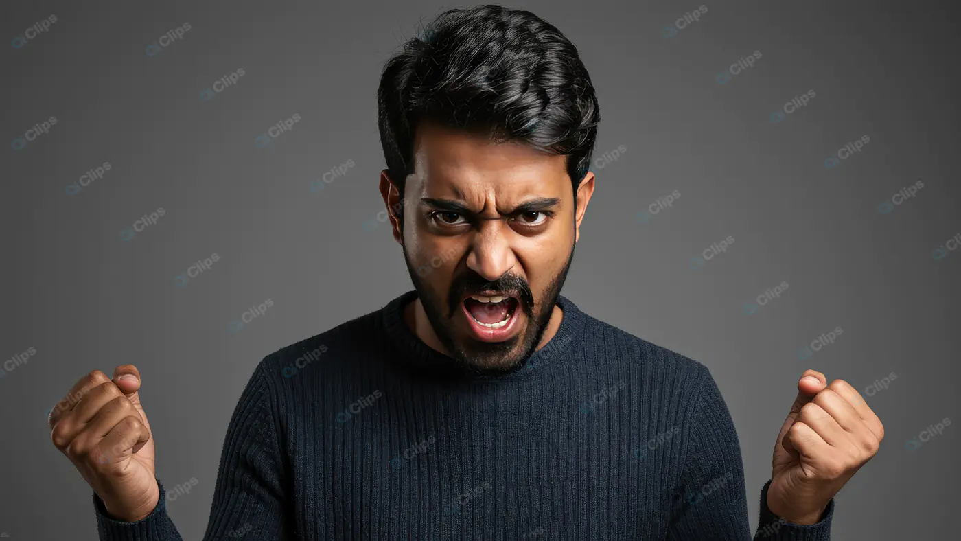Angry Indian Man Yelling Aggressively with Both Fists Raised on Grey Background