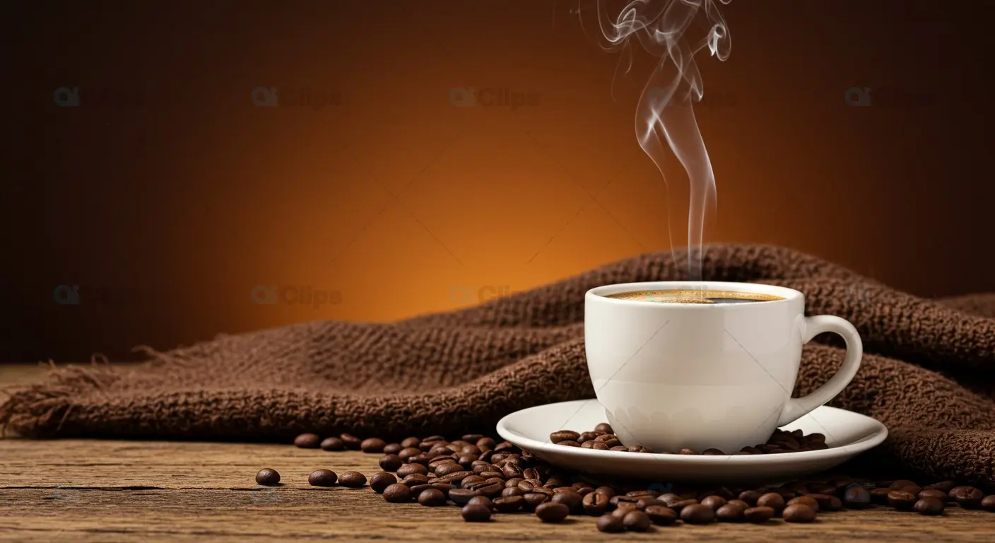 Steaming Coffee Cup with Beans on Rustic Wooden Surface