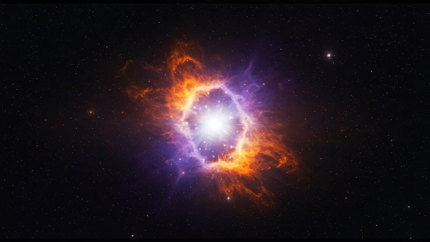 Exploding Nebula with Radiant Core and Fiery Gas Clouds in Deep Space