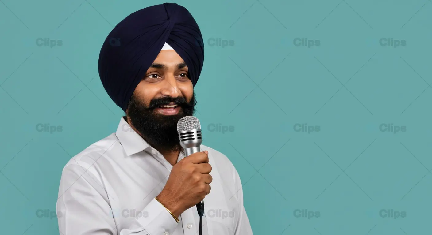 Sikh Man Speaking into Microphone on Solid Background