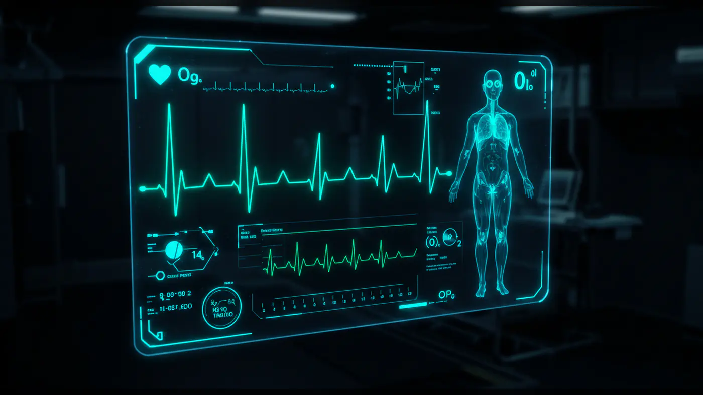 Advanced Futuristic Medical HUD with Human Anatomy and Vital Sign Monitor
