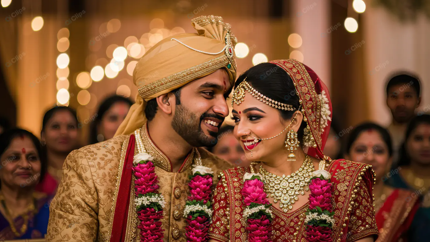 Smiling Indian Bride and Groom During Wedding Ceremony with Floral Garlands