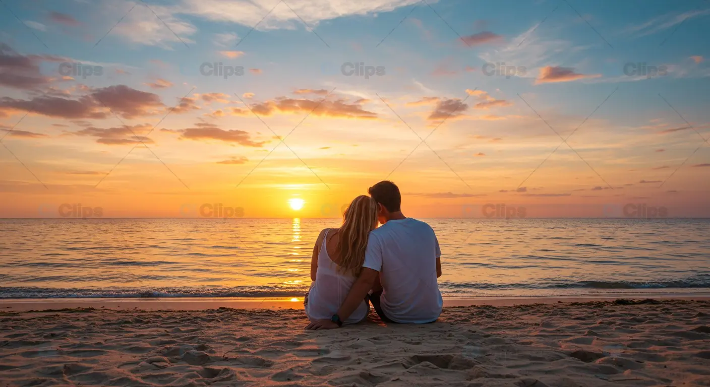 Couple Watching Ocean Sunset on Sandy Beach