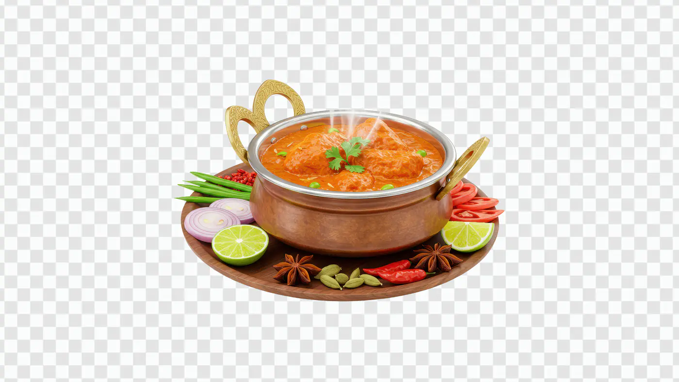 Indian Butter Chicken Curry PNG – Copper Bowl with Spices on Wooden Plate