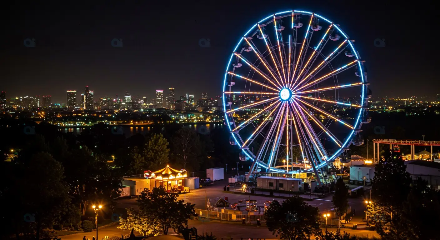 Vibrant Nighttime Ferris Wheel Over Urban Skyline