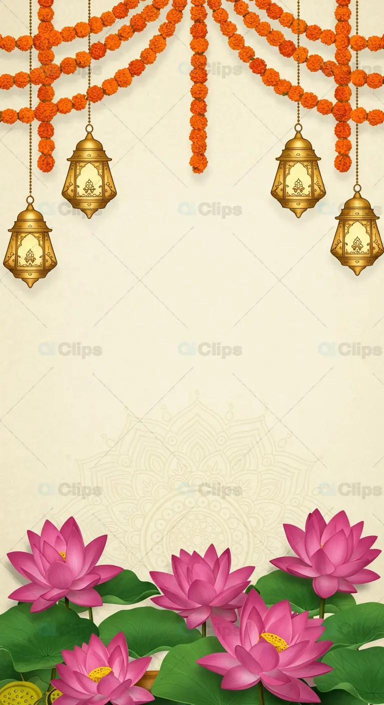 Diwali Template with Marigold Garlands and Pink Lotus Flowers