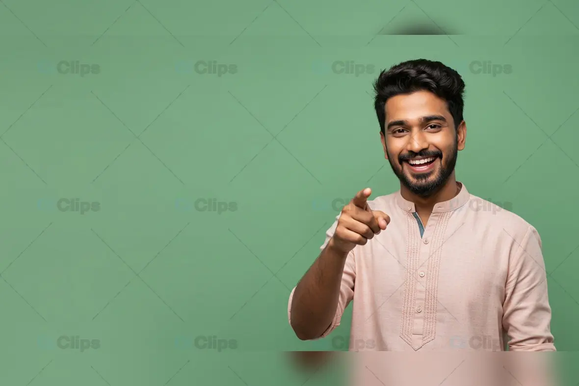 Joyful Male Figure Indicates Direction on Spring Background