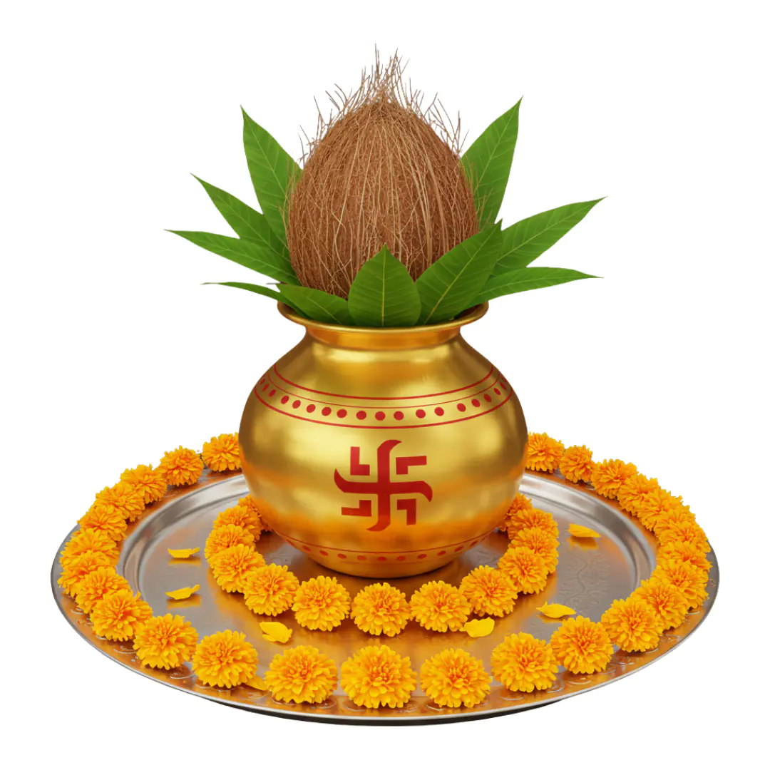 Kalash PNG with Coconut, Mango Leaves, and Marigold Garland for Hindu Festivals