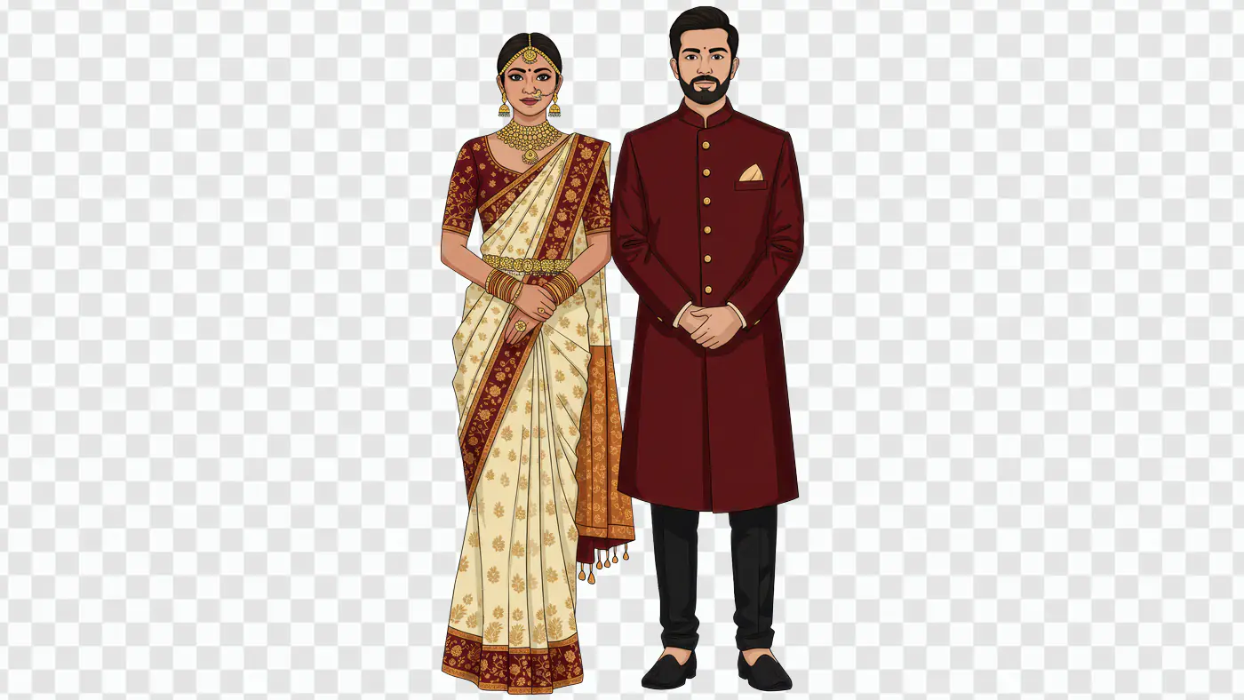 Traditional Indian Couple PNG – Wedding Saree & Sherwani Transparent Illustration