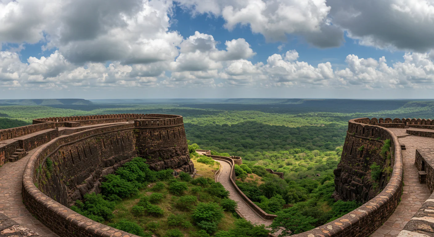 Ancient Indian Fort View with Expansive Green Valley Under Blue Sky