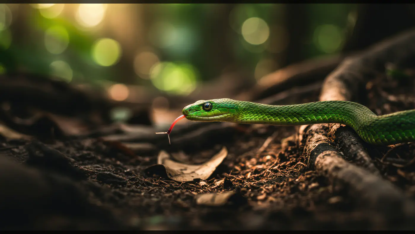 Green Snake with Forked Tongue in Sunlit Forest