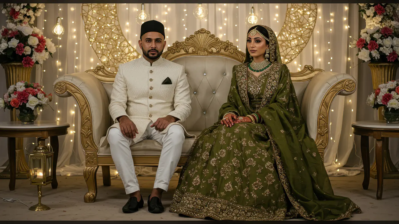 Elegant Indian Muslim Couple Posing on Wedding Stage