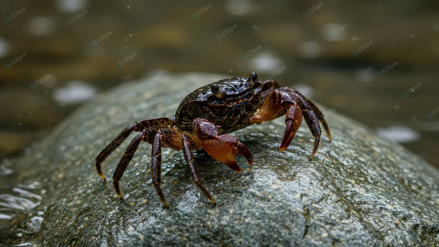 Wet Crab on River Rock in Rainy Jungle Stream Close-Up