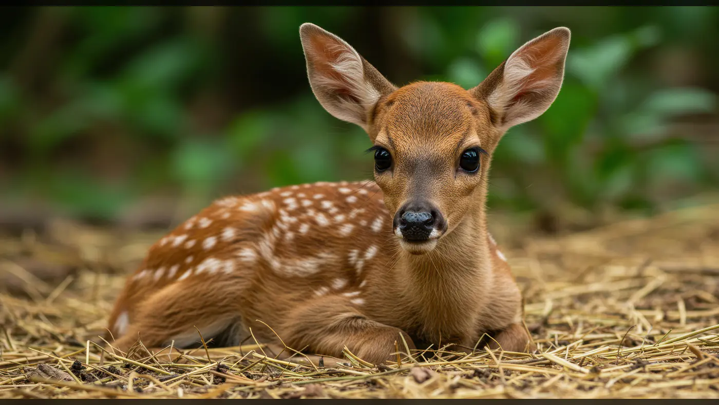 Adorable Baby Deer Resting on Straw in Natural Forest Setting